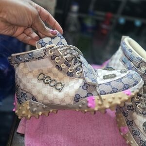 Women's Patterned High-Top Sneakers - Blue and Cream